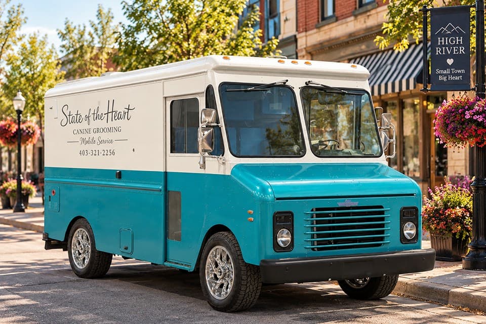State of the Heart Canine Grooming mobile van in downtown High River